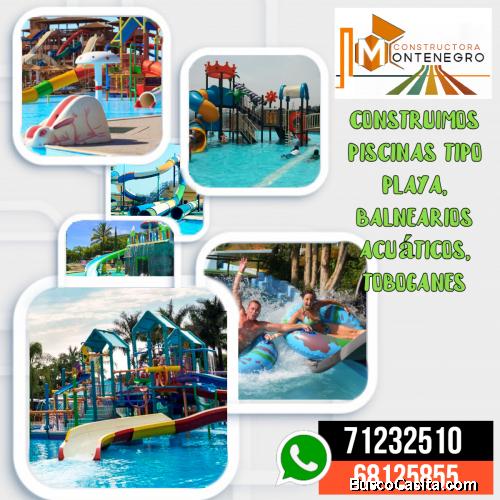 construcción de parques acuáticos, piscinas tipo playa, toboganes de fibra de vidrio
