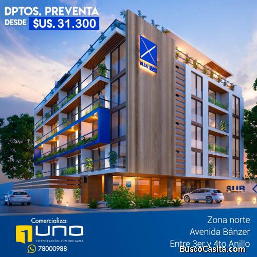 PREVENTA DE DEPARAMENTOS ZONA AV. BANZER, EN EDIFICIO BLUE BOX