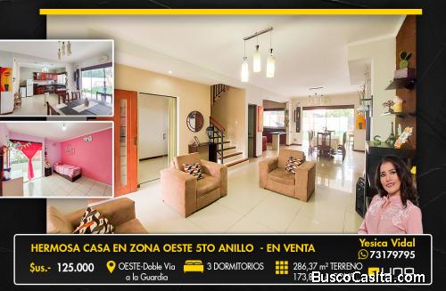 HERMOSA Y AMPLIA CASA EN ZONA OESTE 5TO ANILLO 