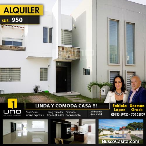 AMPLIA CASA DE 4 DORM Y 2 PLANTAS EN ALQUILER, DENTRO CONDOMINIO EXCLUSIVO DE 10 CASAS. AV RADIAL 17