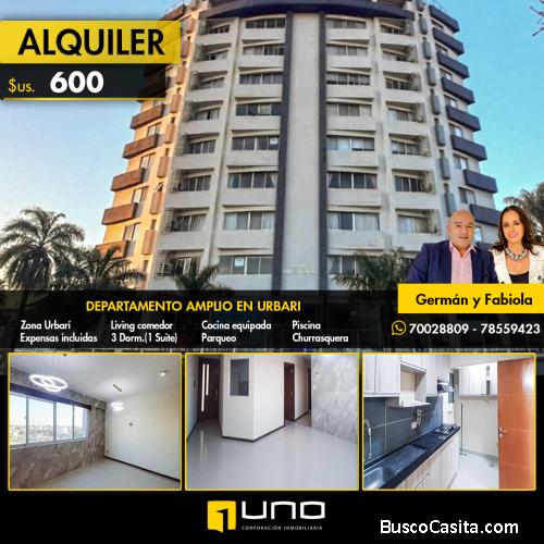 EN ALQUILER, EN BARRIO RESIDENCIAL URBARI, DEPARTAMENTO DE 3 DORMITORIOS CON PARQUEO Y EXPENSAS INCL