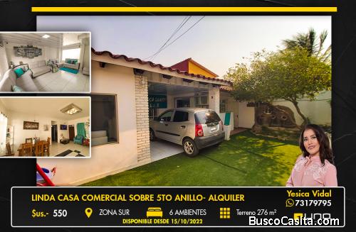 LINDA CASA SOBRE AV. 5TO ANILLO CERCA A AV. SANTOS DUMONT FRENTE A VILLA OLIMPICA EN ALQUILER