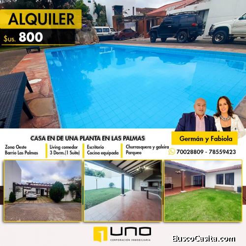  A SOLO $US 800AMPLIA CASA EN ALQUILER, EN CONDOMINIO, BARRIO LAS PALMAS