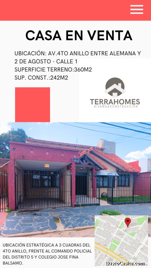 CASA EN VENTA 4TO ANILLO ENTRE AV. ALEMANIA Y AV. 2 DE AGOSTO