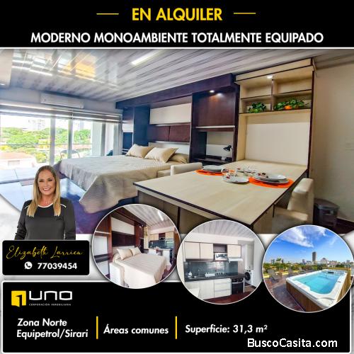Monoambiente totalmente amoblado en alquiler en condominio zona Equipetrol