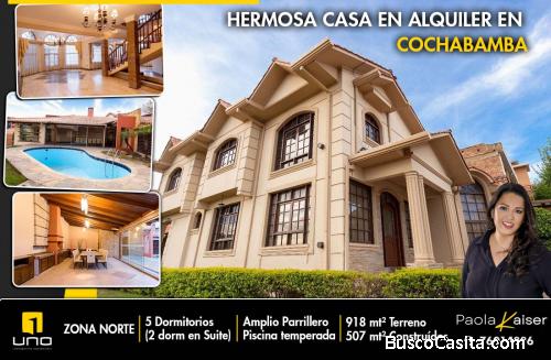 Linda casa con piscina en alquiler, Zona Norte, Cochabamba