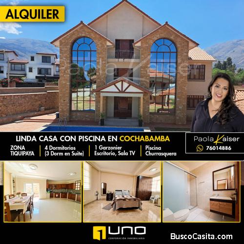 Bonita casa con piscina en alquiler, Tiquipaya, Cochabamba