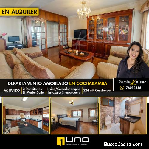 Lindo departamento amoblado en alquiler, Avenida Pando, Cochabamba