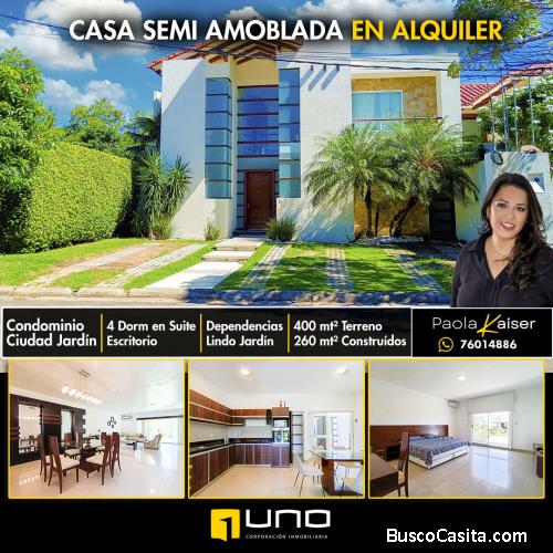 Hermosa casa semi amoblada en alquiler, Condominio Ciudad jardin