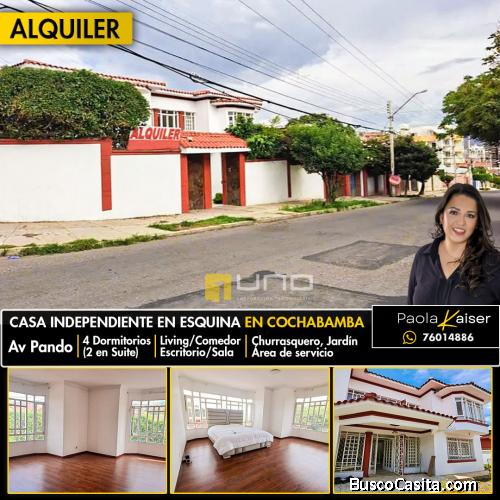 Linda casa en alquiler sobre avenida pando cochabamba