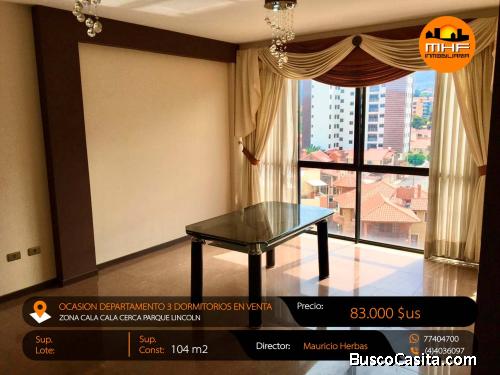 OCASIÓN DEPARTAMENTO EN VENTA 3 DORM. ZONA CALA CALA COCHABAMBA