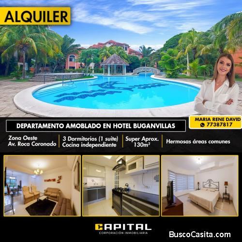 Departamento totalmente Amoblado de 3 dormitorios en Alquiler en Condominio BUGANVILLAS 