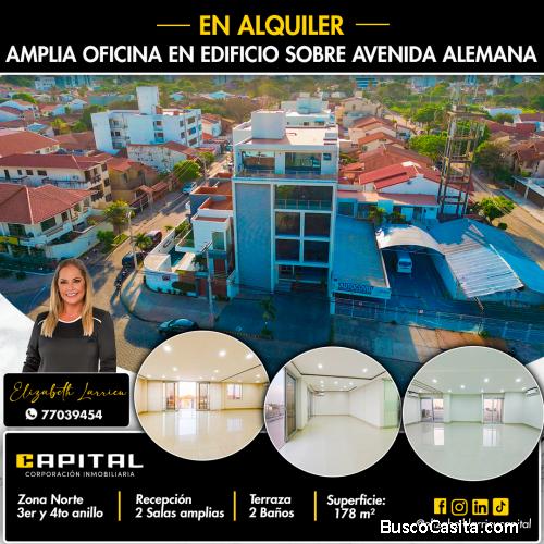 Oficina en alquiler en edificio sobre avenida Alemana entre 3er y 4to anillo