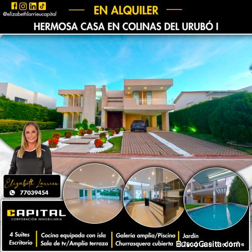 Casa con piscina en alquiler en condominio Colinas del Urubó I