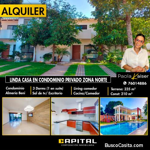 Casa en alquiler, Condominio Almeria Beni, Santa Cruz
