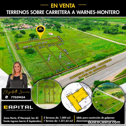 Terreno en venta sobre carretera Warnes Montero