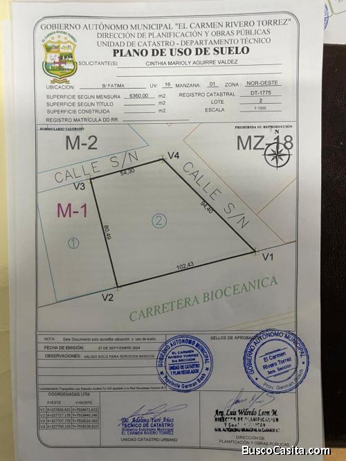 terreno en venta en el carmen rivero torrez