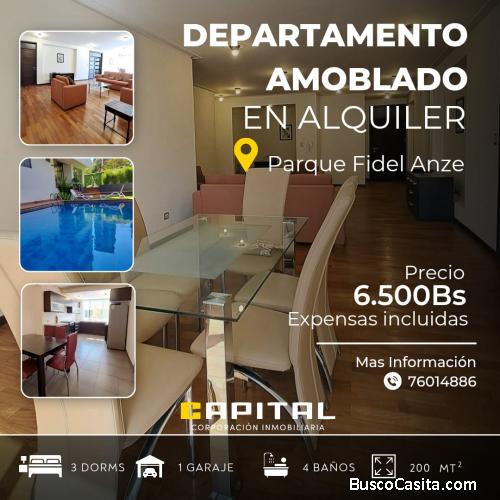 Departamento amoblado en alquiler, parque fidel anze, cochabamba
