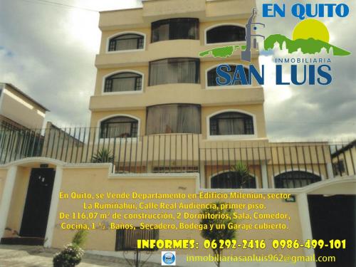 En Quito, se Vende Departamento en Edificio Mileniun, sector La Rumiñahui, Calle Real Audiencia, primer piso.