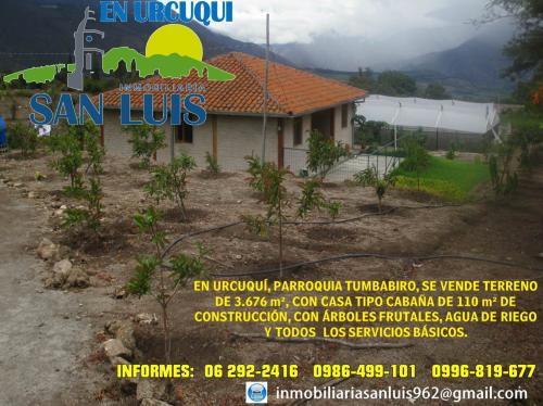 EN URCUQUÍ, PARROQUIA TUMBABIRO, SE VENDE TERRENO DE 3.676 m², CON CASA TIPO CABAÑA DE 110 m² DE CONSTRUCCIÓN, CON ÁRBOLES FRUTALES.