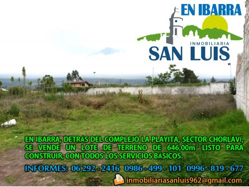 EN IBARRA, SECTOR CHORLAVÍ, VENDO TERRENO DE 646,00m²