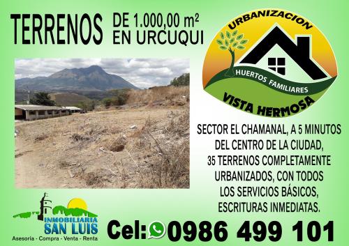 EN URCUQUÍ, SECTOR EL CHAMANAL, VENDO 35 TERRENOS DE 1.000,00m² COMPLETAMENTE URBANIZADOS