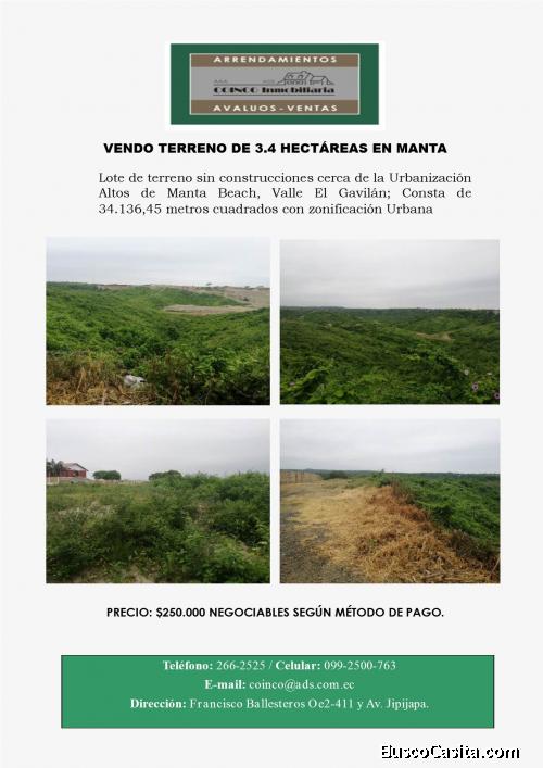 VENDO TERRENO DE 3.4 HECTÁREAS EN MANTA