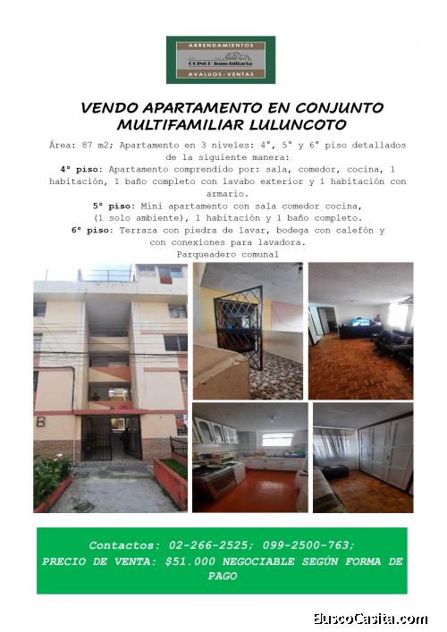 VENDO APARTAMENTO EN CONJUNTO MULTIFAMILIAR LULUNCOTO