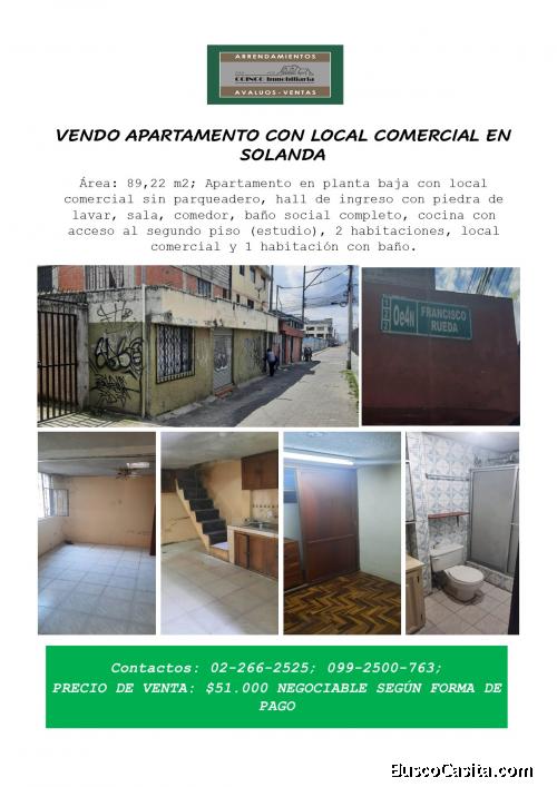 VENDO APARTAMENTO CON LOCAL COMERCIAL EN SOLANDA