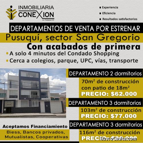 Departamentos por estrenar Quito, Pusuqui, Urbanización San Gregorio, 3 dormitorios, desde $77.000 