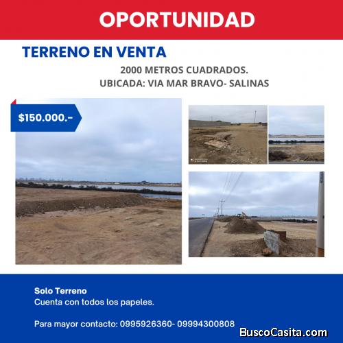 Terreno en venta: 2000 metros cuadrados. Ubicada: Via Mar Bravo- Salinas