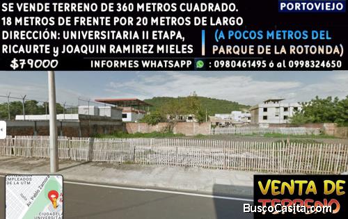 SE VENDE TERRENO EN PORTOVIEJO, de 360 mts2