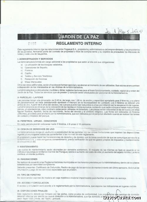 PARCELA EN CEMENTERIO JARDIN DE LA PAZ LAMBARE ZONA  YACHT