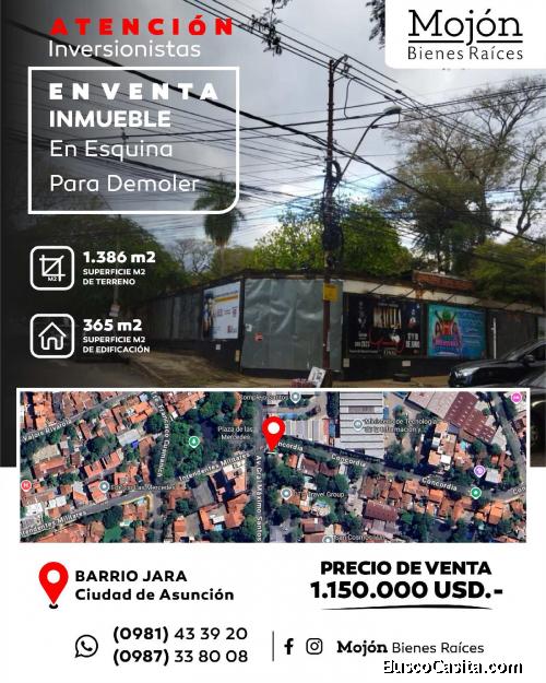 EN VENTA INMUEBLE EN ESQUINA EN EL BARRIO JARA DE LA CIUDAD DE ASUNCIÓN.-
