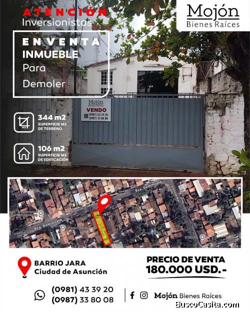 EN VENTA INMUEBLE CON CONSTRUCCIÓN PARA DEMOLER EN BARRIO JARA DE LA CIUDAD DE ASUNCIÓN.-