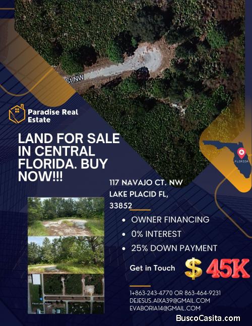 Terreno para a venta en la Florida Central  0% interes Financiamiento por dueno
