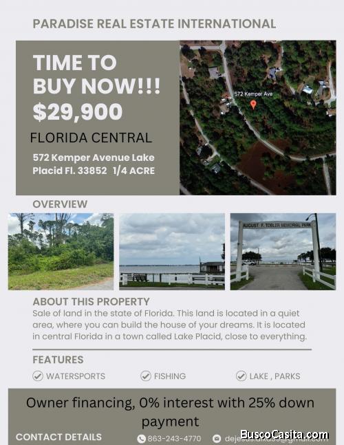 Terreno para a venta en la Florida Central  0% interes Financiamiento por dueno
