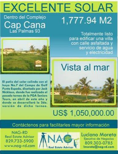 Excelente solar dentro del complejo Cap cana, Las Palmas 93.