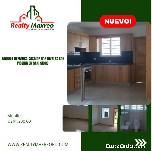 Alquilo Hermosa Casa de 2 Niveles con Piscina en San Isidro (Nueva)