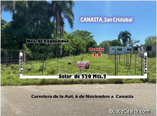 Vendo Excelente Solar de 520 Mts.2 para construir  Villa o Negocios, en El Res. El Explendor de Cana