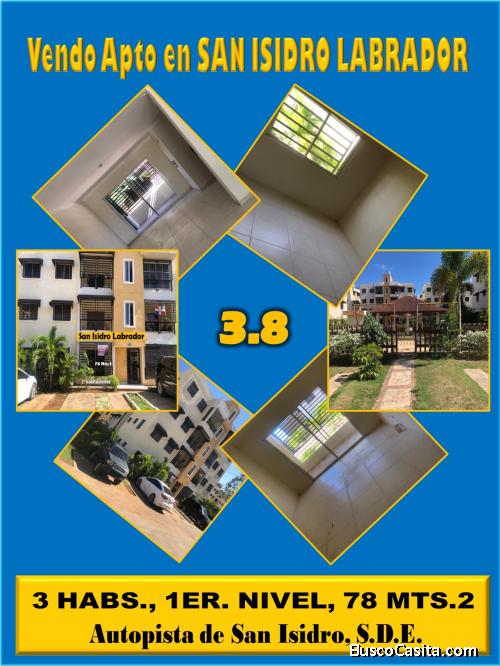 Vendo muy buen Apto en el Res. San Isidro Labrador, 3 habs. 1er. Nivel, 78 Mts.