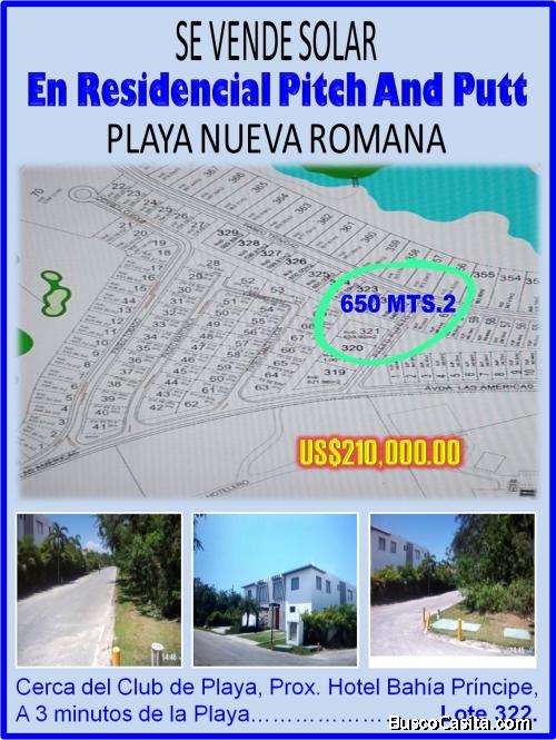 Vendo Solar de  650 Mts.2  para Villa dentro del  RESIDENCIAL PITCH AND PUTT de Playa Nueva Romana
