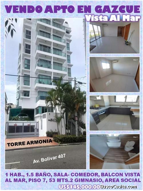 VENDO APTO CON VISTA AL MAR, 1 HAB, PISO 7,  GAZCUE, TORRE ARMONIA