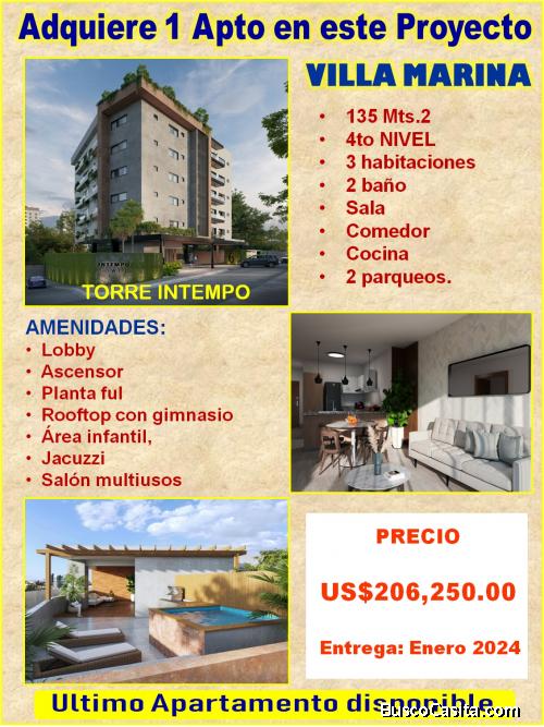 Vendo 1 APTO de  3 habs. en  LA TORRE INTEMPO en VILLA MARINA, LOS RIOS
