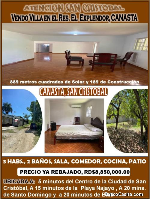VENDO VILLA DE OPORTUNIDAD EN CANASTA, SAN CRISTOBAL, RES. EL EXPLENDOR