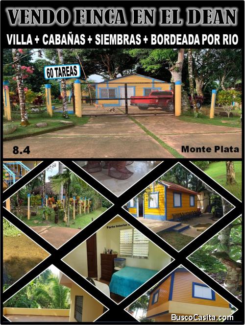 FINCA + VILLA  + 3 CABAÑAS + SIEMBRA, 59.5 TAREAS y bordeada de un  río pequeño en EL DEAN