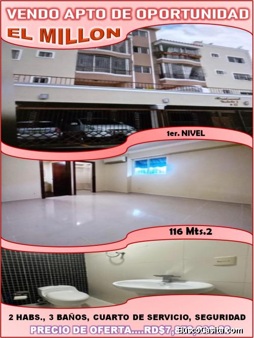 VENDO EXCELENTE APTO DE 2 HABS EN EL MILLON, 1ER. NIVEL, 116 MTS.2, DE OPORTUNIDAD