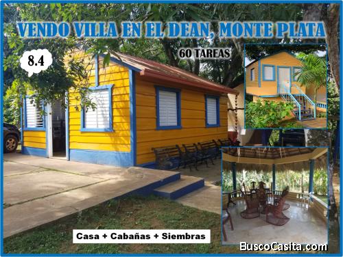 VILLA + FINCA+ 3 CABAÑAS + SIEMBRA, 59.5 TAREAS y bordeada de un  río en EL DEAN
