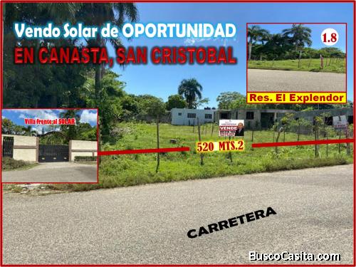 Vendo Excelente Solar de 520 Mts.2 para construir  Villa o Negocios, RES. EL EXPLENDOR, CANASTA