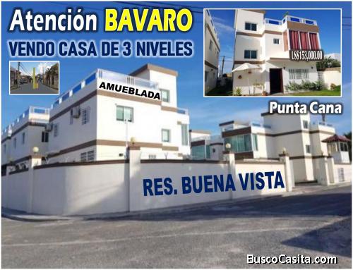 OPORTUNIDAD UNICA, CASA 3 NIVELES AMUEBLADA,  EN BAVARO, RES. BUENA VISTA